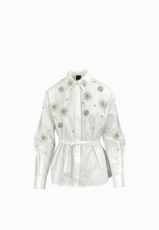 PINKO CARLEY CAMICIA RICAMO STRASS BIANCO