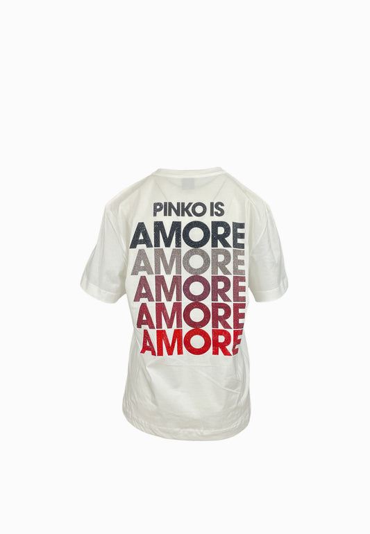 PINKO STREPITOSO T-SHIRT LOGO BIANCO ROSA